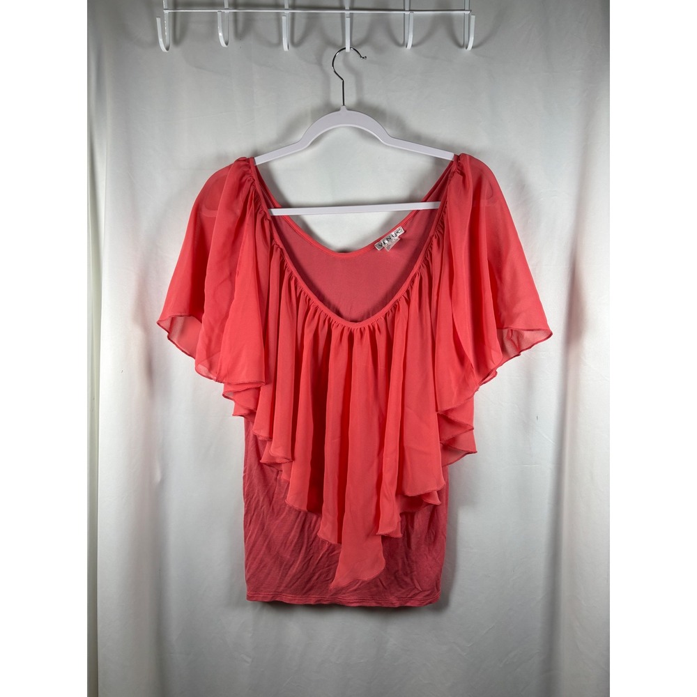 Venus Coral Pink Ruffle‎ Chiffon Overlay Flutter Sleeve Top XL